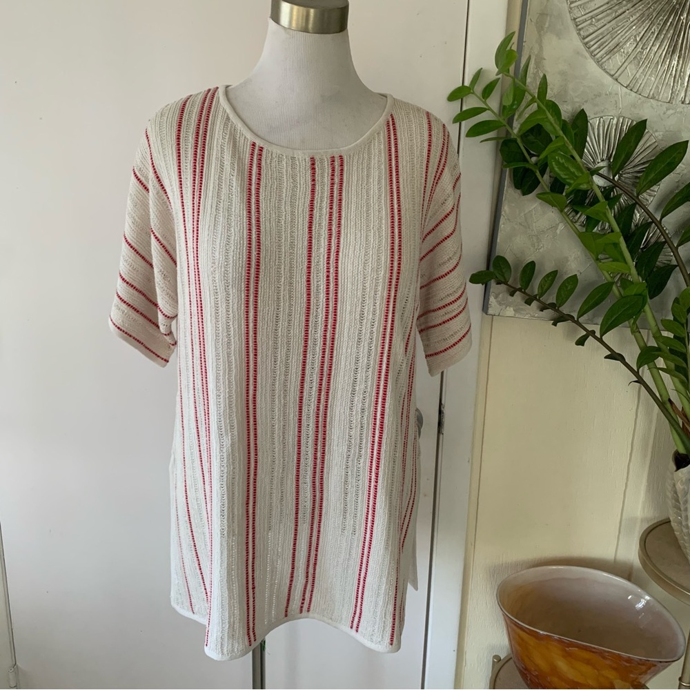 NWT C & C California long striped linen blend short sleeve top size L